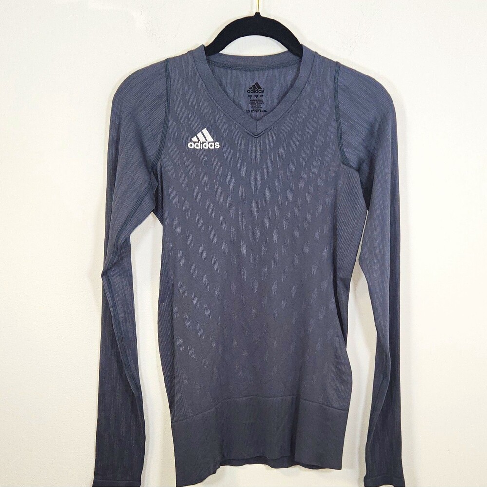 adidas Men's Gray Long Sleeve V-Neck Compression Athletic Fit Logo Shirt S